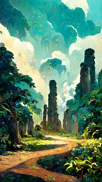 Mayan forest in the sunny morning 3D illustration