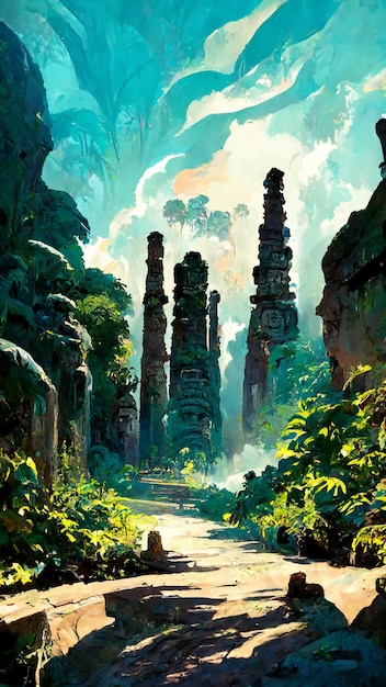 Mayan forest in the sunny morning 3D illustration