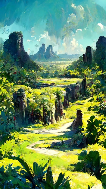 Mayan forest in the sunny morning 3D illustration