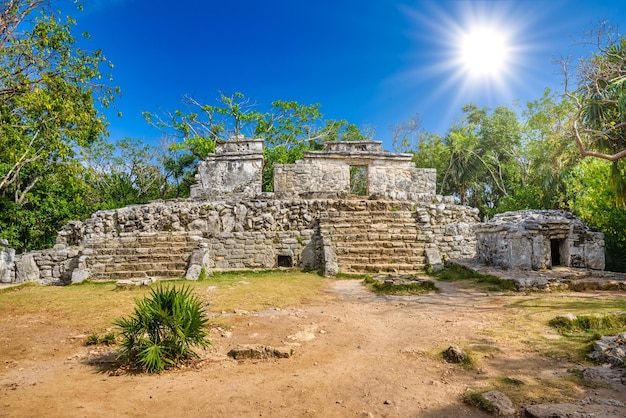 Mayan ruins in shadow of trees in jungle tropical forest Playa del Carmen Riviera Maya Yu atan Mexico