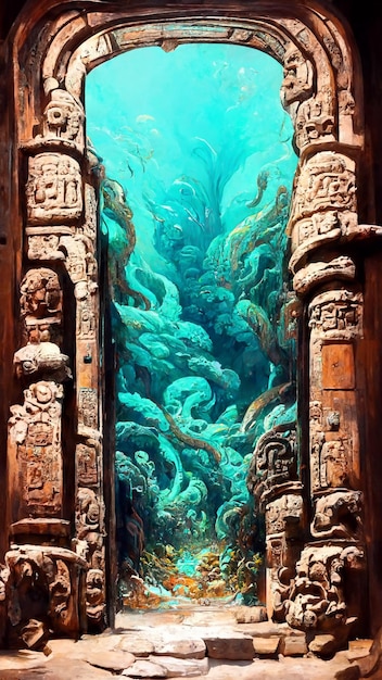 Mayan style door under the sea 3D illustration