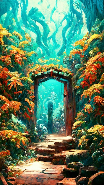 Mayan style forest door under the sea 3D illustration