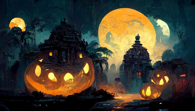 Mayan style halloween theme pumpkins ghosts in the dark night 3D illustration