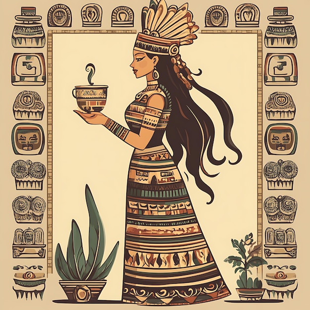 Photo mayan woman in traditional dress offering a cup of cacao