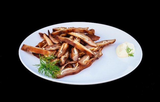 Mayonnaise smoked pig ears cut cooke black lunch sliced dark grill