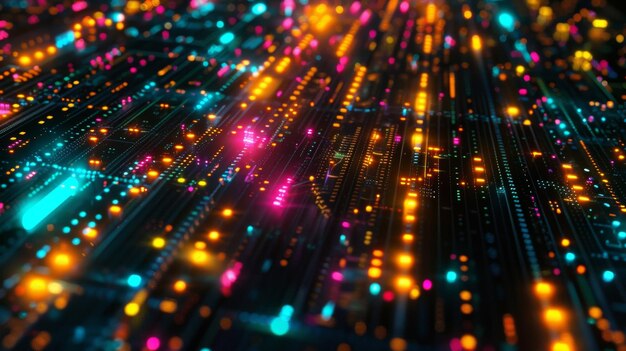 A maze of colorful lights blinking and flashing on the surface of multiple servers indicating their