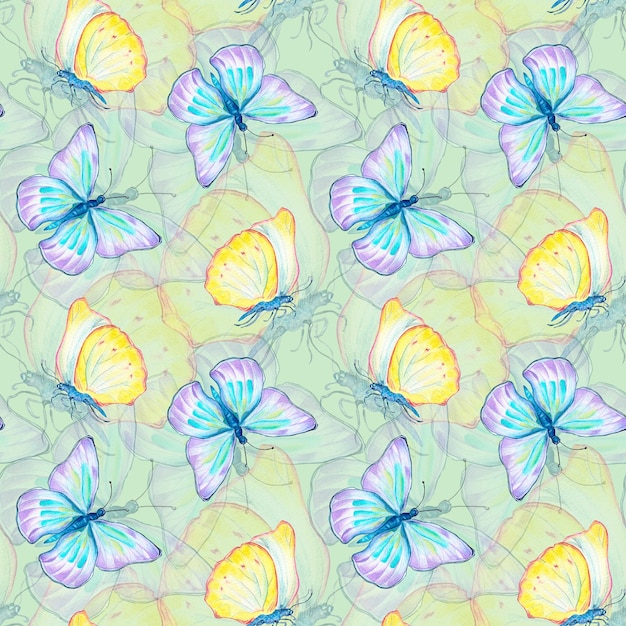 Meadow blue yellow butterflies watercolor seamless pattern on green