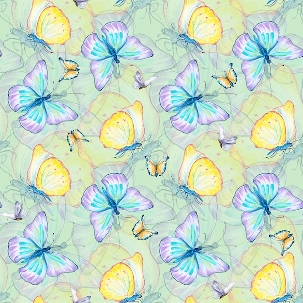 Meadow blue yellow butterflies watercolor seamless pattern on green