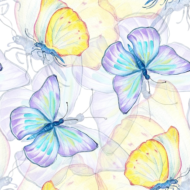 Meadow blue yellow butterflies watercolor seamless pattern on white