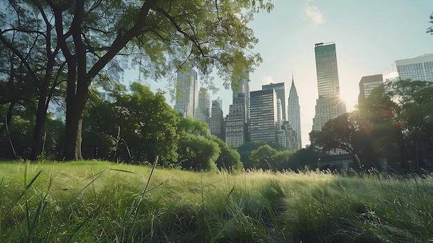 Photo the meadow of central park and skyscrapers in new york city usa generative ai