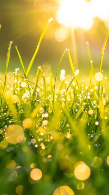 Meadow at dawn with dewcovered grass and the light of morning breaking through with copyspace