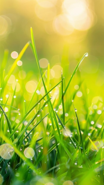 Meadow at dawn with dewcovered grass and the light of morning breaking through with copyspace