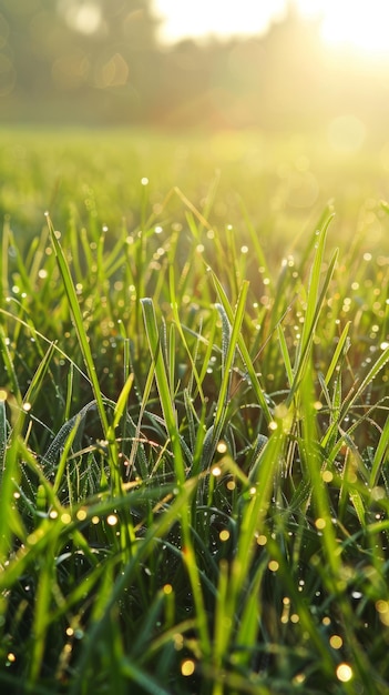 Meadow at dawn with dewcovered grass and the light of morning breaking through with copyspace