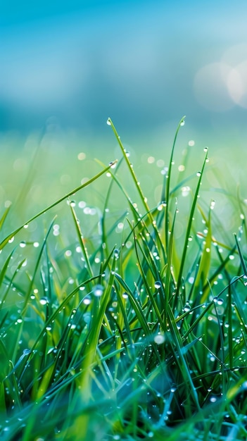 Meadow at dawn with dewcovered grass and the light of morning breaking through with copyspace