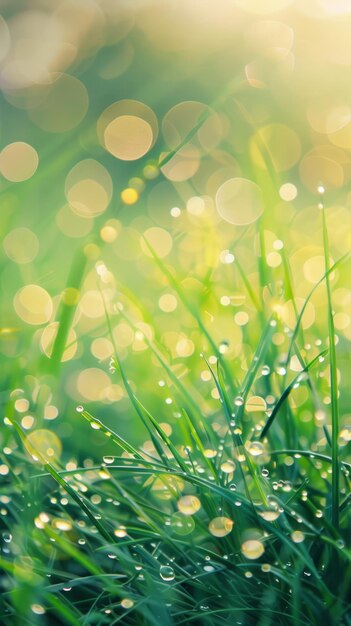 Meadow at dawn with dewcovered grass and the light of morning breaking through with copyspace