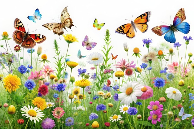 Meadow filled with daisies and butterflies in a green landscape