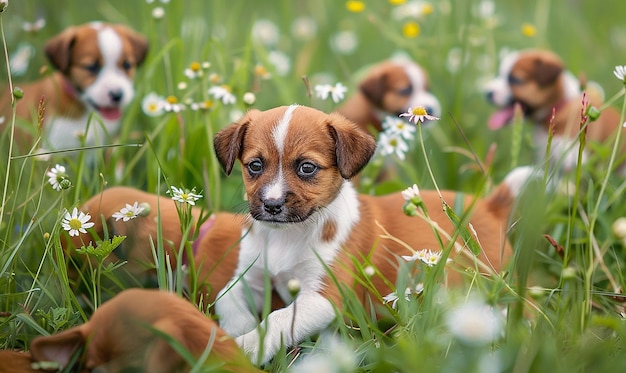 Meadow Filled with Playful Puppies Surrounded by