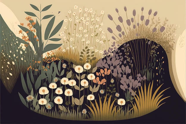 Meadow full of wildflowers Flat design illustration muted and earthy colors harmony and balance Generative AI