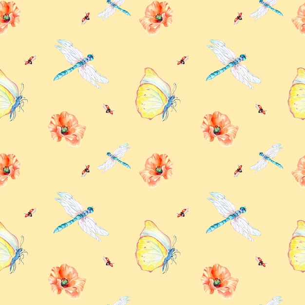 Meadow insects and flowers watercolor seamless pattern on beige