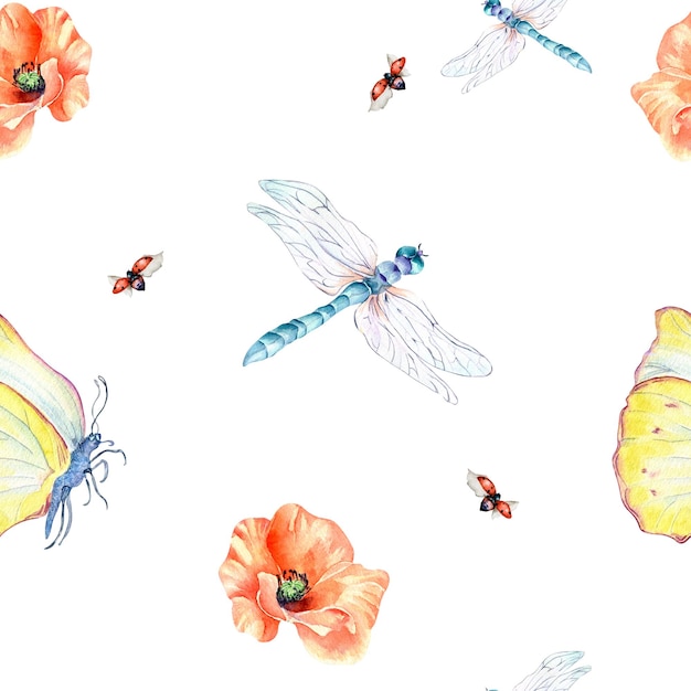 Meadow insects and flowers watercolor seamless pattern on white