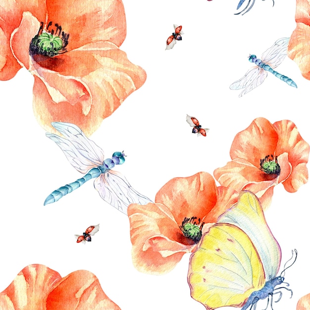 Meadow poppies with beetles watercolor seamless pattern on white