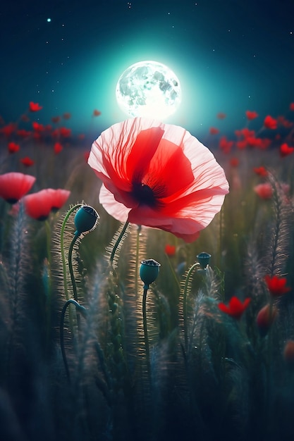 Photo meadow of red poppies at full moon night