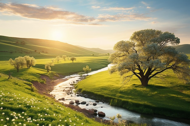 Meadow Serenity Scenic Countryside Landscape with Blooming Meadows