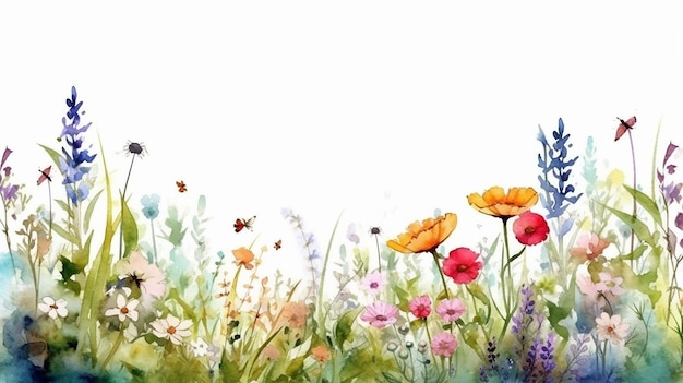 Meadow in summer horizontal border of adorable watercolor flower Generative AI