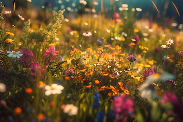 A meadow of wildflowers ranging from deep oranges to bright yellows and pinks swaying gently in the breeze