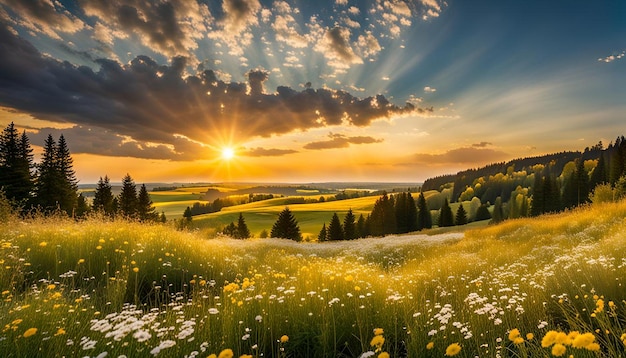 Meadow with field flowers of yellow color and white fluffy clouds in the sky summer landscape