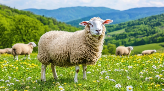 Meadow with grazing sheep wildflowers in bloom distant mountains summer light