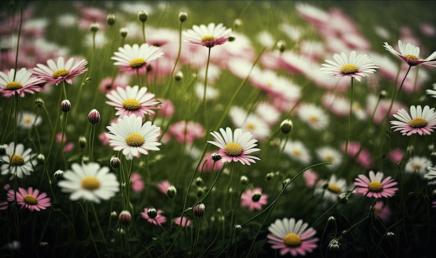 Meadow with Lots of Spring White and Pink Daisy Flowers Spring Theme