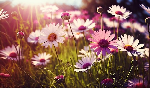 Meadow with Lots of Spring White and Pink Daisy Flowers Spring Theme