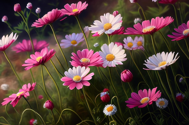 Meadow with lots of white and pink spring daisy flowers Generative Ai