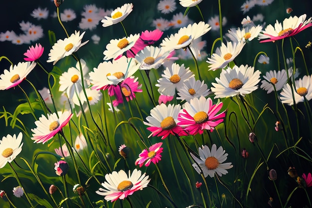 Meadow with lots of white and pink spring daisy flowers in sunny day Generative Ai