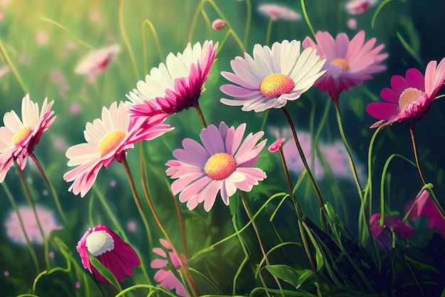 Meadow with lots of white and pink spring daisy flowers in sunny day Generative Ai