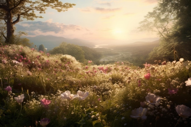 Meadow with Spring flowers landscape sunlight outdoors