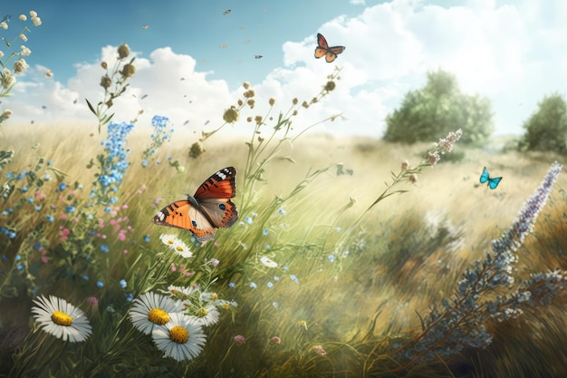 Meadow with wildflowers and butterflies in flight created with generative ai