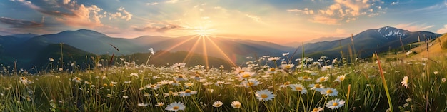 Photo meadow with wildflowers in the mountains at sunset summer landscape with daisies and grass banner