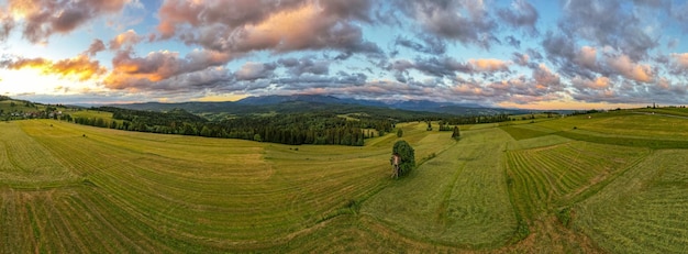 Meadows and pasture in Tatras Mountains Drone panorama