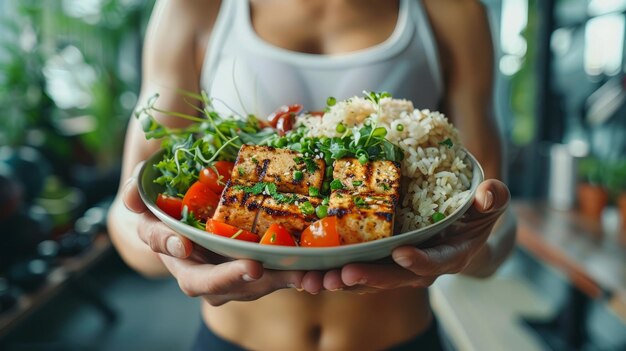 Photo meal of grilled tofu and brown rice set in a gym interior with a subtle but motivational ambiance