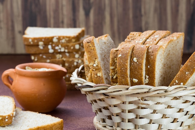 Meal organic whole grain sliced bread with oats on dining room