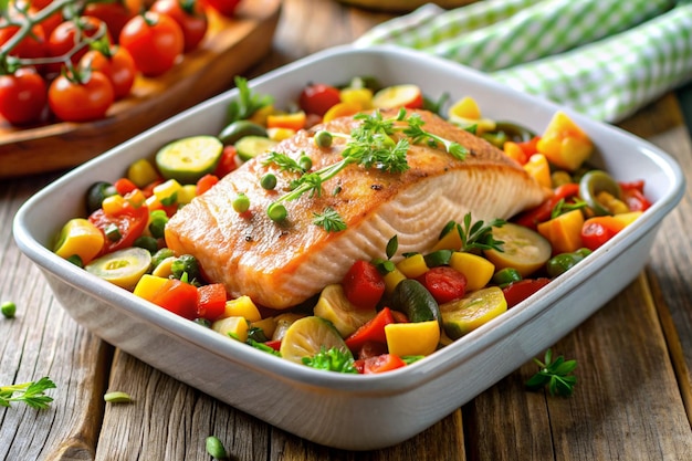 a meal of salmon and vegetables including salmon and cucumber