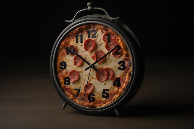 Meal time creative concept pizza in shape of an alarm clock Generative AI