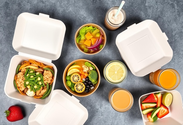 Photo a meal with fruit and vegetables including a container of lemonade