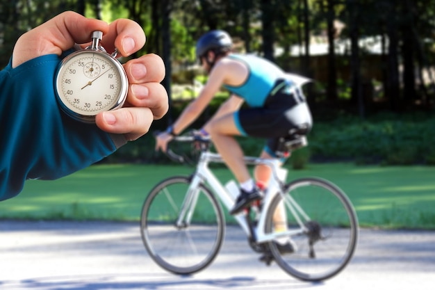 Measurement of the speed of a riding cyclist at a sports distance using a mechanical stopwatch triathlon competitions