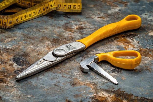 Measuring tapepliers and adjustable wrench with yellow handles