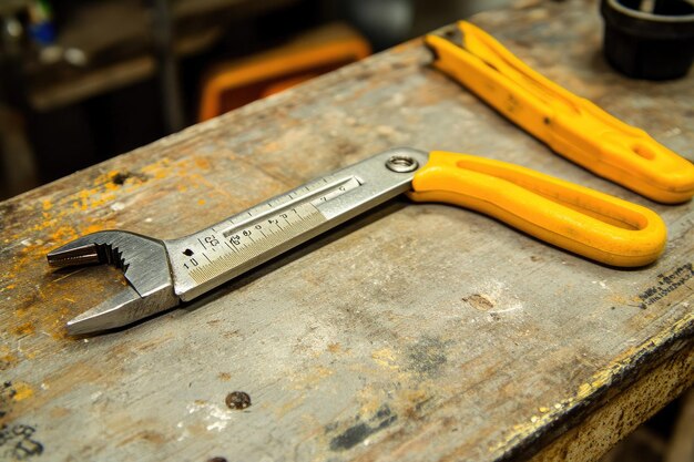 Measuring tapepliers and adjustable wrench with yellow handles