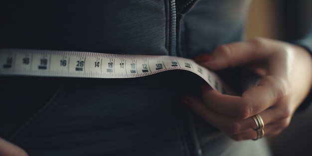 Measuring waist size with tape measure for weight loss progress