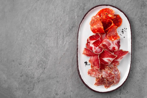 Meat appetizer plate, assortment of antipasti meat, jamon, chorizo, pepperoni, prosciutto Meat appetizer plate, assortment of antipasti meat, jamon, chorizo